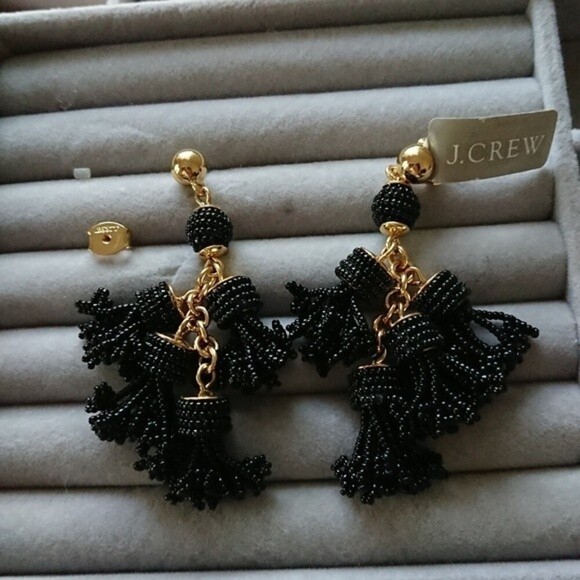 New J.Crew BLACK Beaded Tassel Chandelier Earrings - Picture 1 of 8